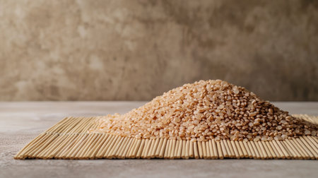 A close-up view of a heap of raw sesame seeds set on a bamboo mat, showcasing the natural texture and earthy tones, ideal for culinary inspiration and healthy cooking.の素材