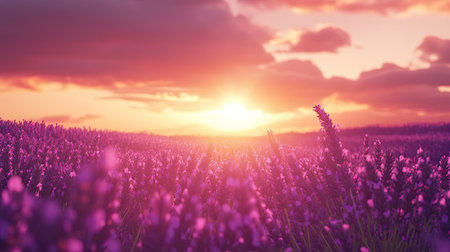 A stunning view of a vibrant lavender field at sunset, with a dramatic sky illuminated by warm hues. This peaceful landscape captures the essence of nature's beauty.の素材