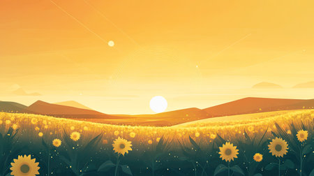 A stunning landscape featuring a field of vibrant sunflowers basking in the golden light of sunrise. The serene setting captures the beauty of nature, evoking feelings of warmth and tranquility.の素材
