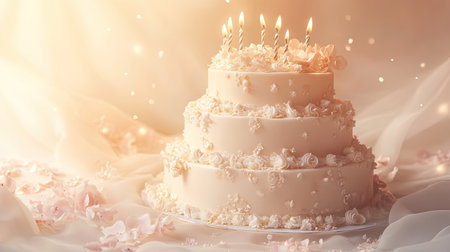 Delight in this beautiful three-tiered cake adorned with candles and delicate floral decorations. Perfect for weddings, birthdays, or any special celebration.の素材