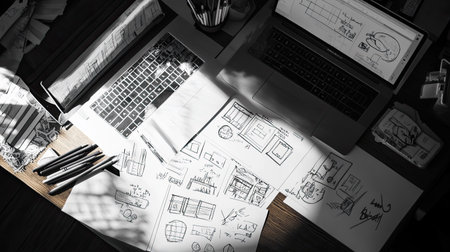 A well-organized workspace featuring sketches, a laptop, and pens, illuminated by natural light. Perfect for capturing the essence of creativity and design development.の素材