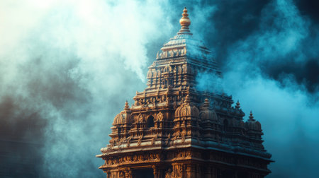 Stunning view of a majestic temple hidden within an ethereal fog, showcasing intricate carvings and architecture. Ideal for travel and spirituality themes.の素材