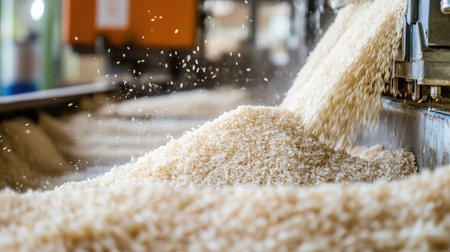 A detailed view of rice processing in an industrial facility, showcasing flowing grains and machinery involved in milling. Ideal for agriculture themes.の素材