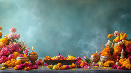 A vibrant and colorful floral arrangement featuring candles and traditional decor, perfect for capturing the essence of celebration and tranquility.の素材