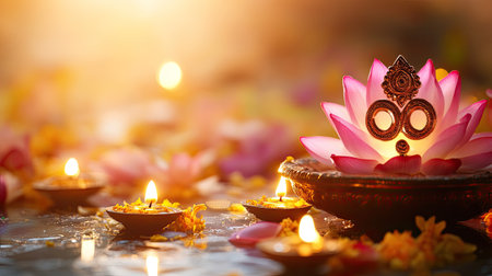 A serene lotus flower surrounded by glowing diyas, creating a peaceful atmosphere. This captivating scene embodies tranquility and spiritual harmony in nature.の素材