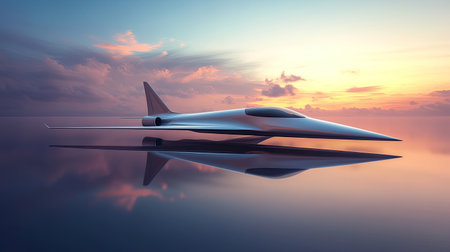 A sleek, futuristic aircraft floats gracefully on calm water during sunset, its silhouette reflecting the vibrant colors of the sky and water. The scene combines innovation with serene beauty.の素材