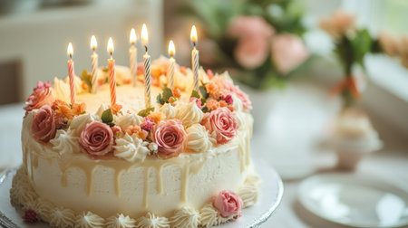 A beautifully decorated birthday cake topped with roses and candles, perfect for celebrating special moments. The soft colors and floral accents add joy and festivity.の素材