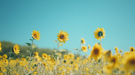 A field of radiant sunflowers stretches under a clear blue sky, showcasing the beauty of nature during summer. The vibrant yellow blooms exude warmth and cheerfulness.の素材