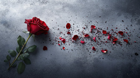 A striking red rose lies elegantly on a dark surface, surrounded by scattered petals and dust, creating a moody and romantic atmosphere ideal for love-themed projects.の素材