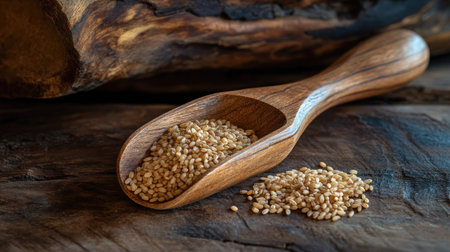 Close-up shot of a wooden spoon filled with sesame seeds, resting on a rustic wooden background. Perfect for food styling and culinary inspiration.の素材