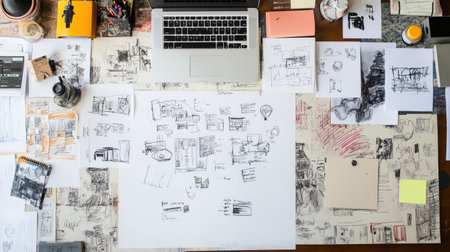 A vibrant and organized creative workspace featuring sketches, a laptop, and various art supplies scattered across the desk, ideal for productivity and inspiration.の素材