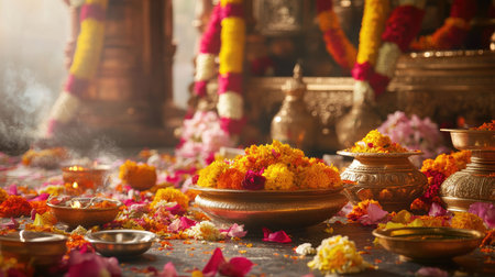 A beautifully arranged setting featuring vibrant flowers and traditional offerings in a sacred space, capturing the essence of celebration and devotion.の素材