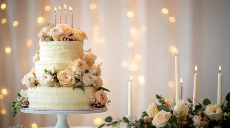 A stunning wedding cake featuring creamy frosting and delicate roses, elegantly set against a soft candlelight backdrop, perfect for romantic celebrations.の素材