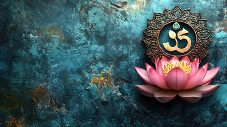 A serene image featuring a beautifully crafted lotus flower and the Om symbol over an artistic blue background, representing peace and meditation.の素材