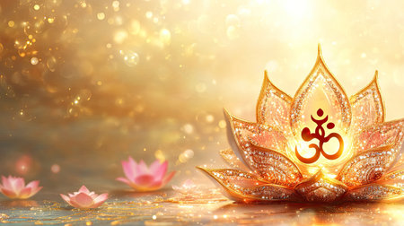 This enchanting image features a radiant lotus blossom with a spiritual symbol at its center, surrounded by soft golden light, evoking a sense of peace and tranquility.の素材