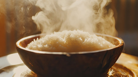 A steaming bowl of fluffy white rice on a rustic wooden table, surrounded by warm lighting. Ideal for showcasing comfort food and culinary delights.の素材