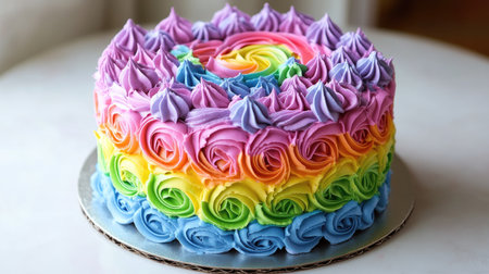 This stunning rainbow cake features beautifully swirled buttercream frosting in vibrant colors. Perfect for celebrations, this cake is a treat for the eyes and the palate!の素材