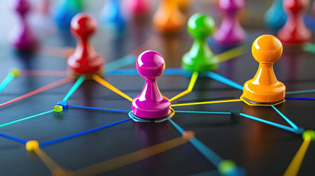 This image showcases colorful game pieces connected by vibrant lines on a dark surface, symbolizing strategy and teamwork in a playful setting.の素材