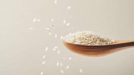 A close-up image of white rice grains gracefully falling from a wooden spoon. The soft background enhances the natural texture, perfect for cooking and healthy lifestyle themes.の素材