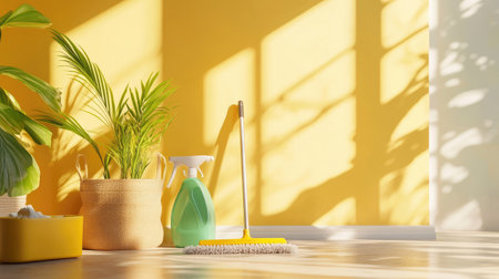 A sunny indoor scene featuring cleaning supplies, a broom, and lush plants. The vibrant yellow wall adds warmth and freshness to the space.の素材