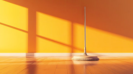 A vibrant room featuring an orange wall and a mop on a polished floor, illuminated by warm afternoon sunlight, creating a cozy and inviting cleaning atmosphere.の素材
