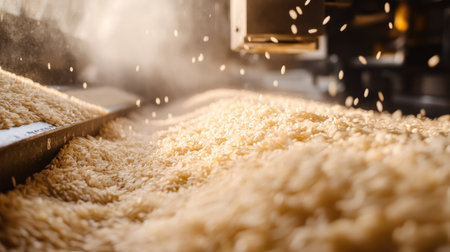 This close-up image captures rice as it flows through a milling machine, highlighting the intricate processing of this essential grain. The texture and movement illustrate a vital stage in food production.の素材