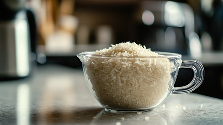A clear glass bowl filled with uncooked white rice sits invitingly on a kitchen counter, symbolizing simplicity and healthy cooking. Perfect for culinary projects.の素材