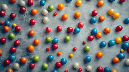 A vibrant arrangement of colorful round objects on a textured surface creates an engaging visual scene. The playful distribution adds texture and depth.の素材