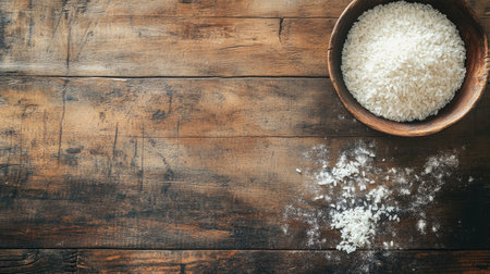 A rustic wooden bowl filled with fresh white rice on a weathered wooden table. The scene captures the essence of natural ingredients perfect for culinary use.の素材