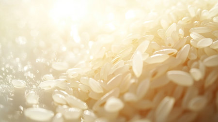 This image showcases a close-up view of uncooked white rice grains shimmering softly under natural light. Ideal for culinary themes.の素材