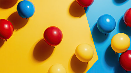 A vibrant mix of red, yellow, and blue balloons set against a bright background. This image captures a festive atmosphere ideal for celebrations and creative projects.の素材