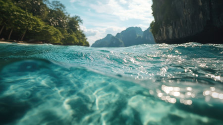 This captivating image showcases crystal clear ocean water with gentle ripples, framed by stunning mountains and lush greenery. Perfect for travel and nature themes.の素材