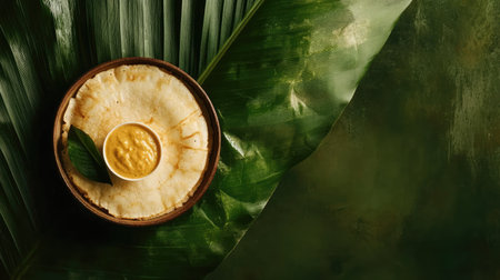 Top view of dosa with sambar and chutney on a banana leaf, clean background, no people, copy spaceの素材
