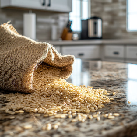 A burlap sack spills freshly harvested rice onto a polished kitchen counter, highlighting the texture and beauty of natural grains in a well-lit space.の素材
