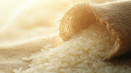 A close-up view of white rice spilling from a burlap sack, showcasing its texture and color in soft natural light. Perfect for culinary and agricultural themes.の素材