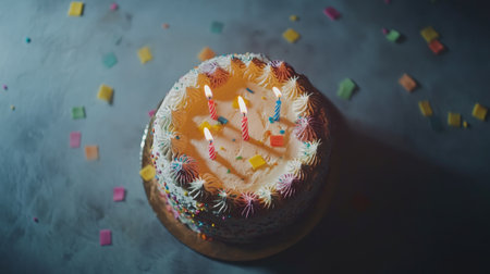 Bright birthday cake topped with candles and colorful sprinkles, surrounded by festive confetti. Perfect for celebrating joyful occasions and happy moments.の素材