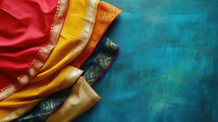 Top view of colorful sarees stacked neatly, clean background, no people, copy spaceの素材