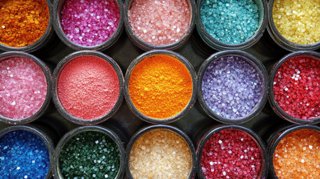Top view of colorful rangoli powders in small containers, clean background, copy spaceの素材