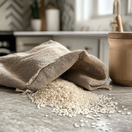 A burlap sack spills white rice onto a gray tabletop, creating a rustic kitchen scene. The natural textures highlight the beauty of simple ingredients and wholesome cooking.の素材