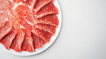 A visually appealing arrangement of thinly sliced raw beef on a white plate, perfect for culinary presentations and recipes. Ideal for gourmet dishes.の素材