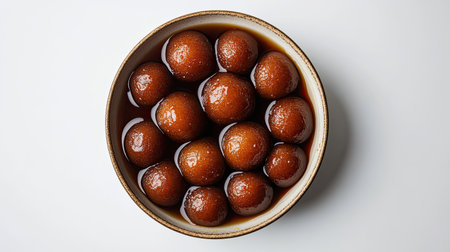 Top view of gulab jamun in a bowl of syrup, clean white background, no people, copy spaceの素材