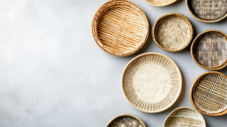 Top view of bamboo baskets and trays clean background, no people copy spaceの素材