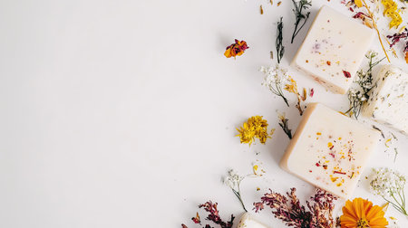 Top view of handmade soaps with natural ingredients, clean white background, copy spaceの素材