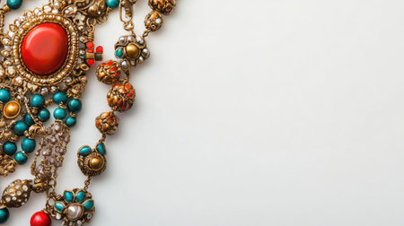 Top view of handmade Indian jewelry, clean white background, no people, copy spaceの素材