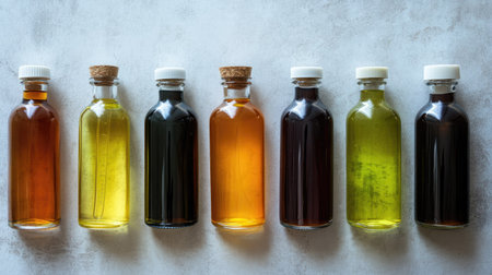 Top view of herbal hair oils and shampoos in bottles, clean background, copy spaceの素材