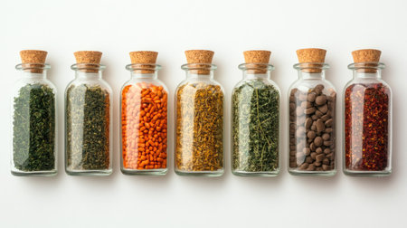 Top view of Indian herbal supplements in bottles, clean background, no people, copy spaceの素材