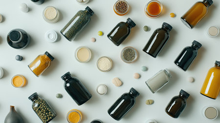 Top view of Indian herbal supplements in bottles, clean background, no people, copy spaceの素材