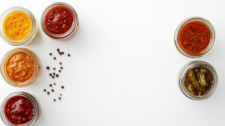 Top view of Indian pickles in glass jars, clean white background, no people, copy spaceの素材