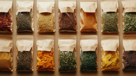 Top view of Indian herbal teas in pouches, clean background, no people, copy spaceの素材