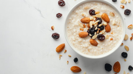 Top view of kheer topped with almonds and raisins, clean background, no people, copy spaceの素材